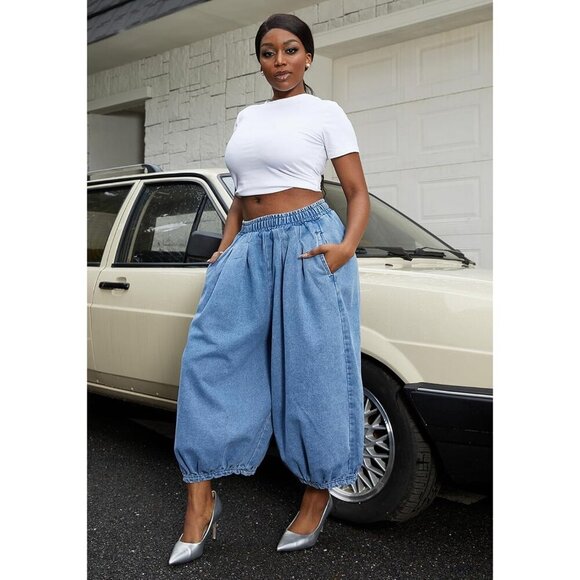 Women's Cropped Elastic Waist Denim Pants Loose Baggy Wide Leg Trousers - Picture 5 of 9